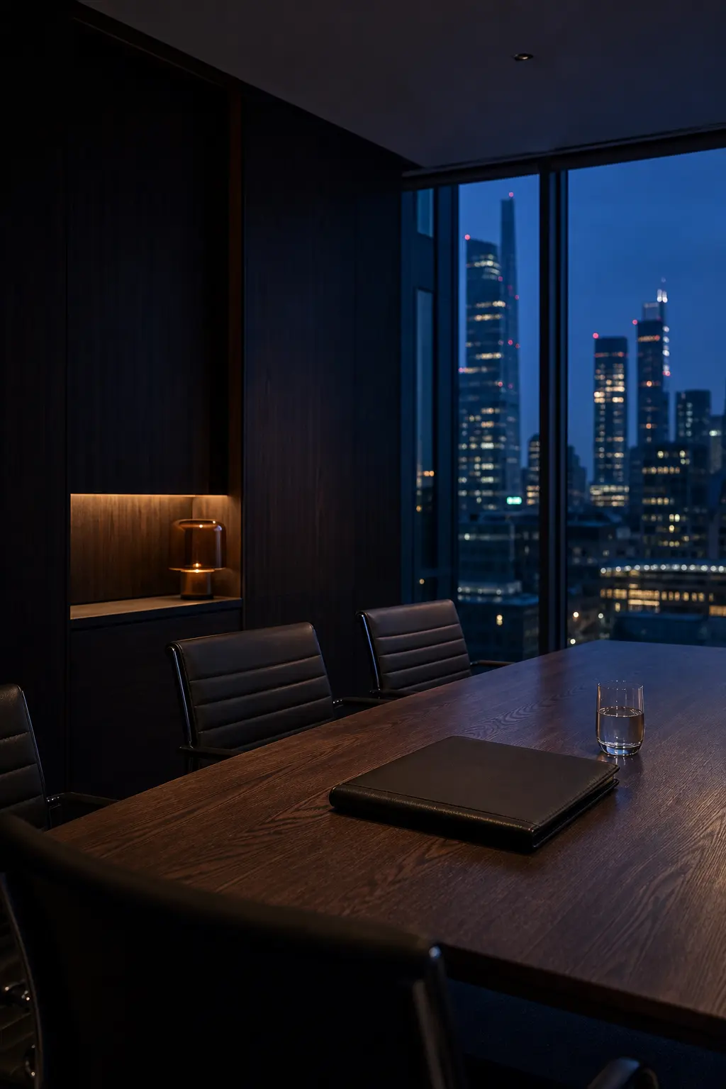 A private executive meeting room overlooking a city at blue hour